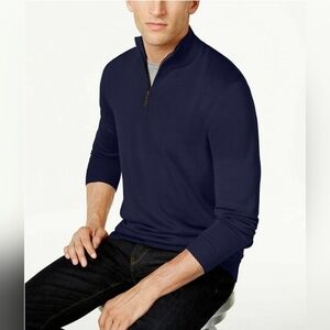 Club Room Mens Navy Blue 1/4 Zip Light Merino Wool Pullover Sweater Size Large